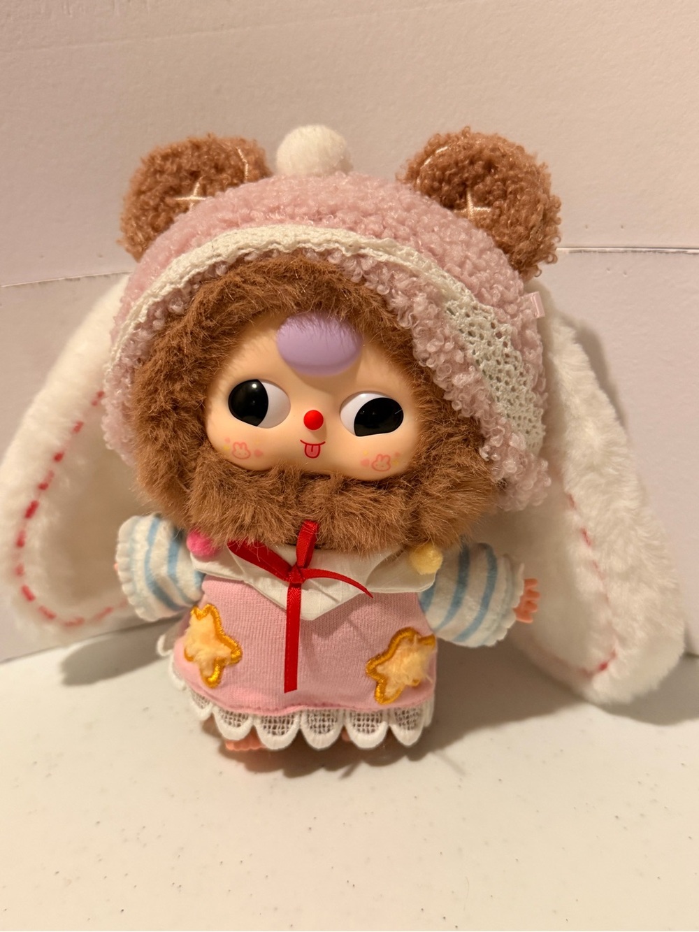 Adorable Pink Hooded Plush Doll with Star Appliqués